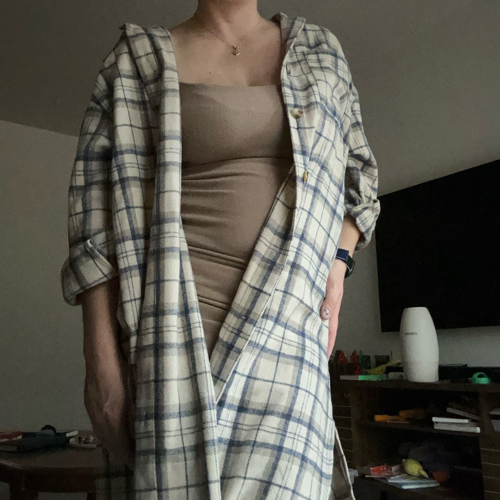 Lumiere Plaid Button Down Shirt Dress in Cream and Blue